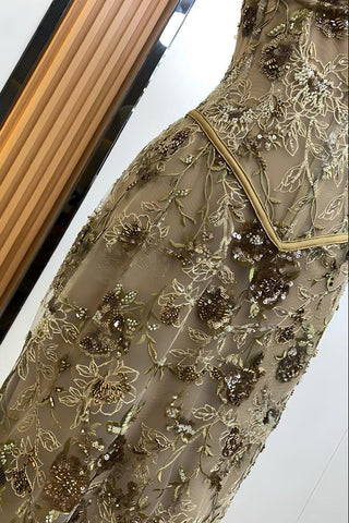 Floral Sequin Corset Long Dress – Spaghetti Strap Fitted Dress