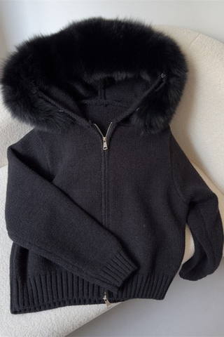 Faux Fur Trimmed Knitted Hooded Cardigan