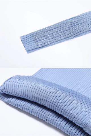 Long Sleeve Ribbed Knit Midi Dress with Asymmetrical Cutout and Button Slit