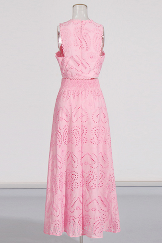 Sky Bloom Embroidered Eyelet Set  Round Neck Crop Top & High-Waist Maxi Skirt