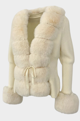 Long Sleeve Knitted Jacket with Faux Fur Trim – Tie-Front Design