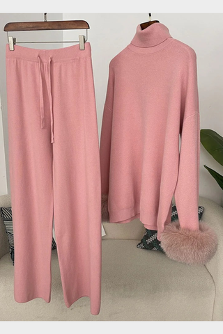 Faux Fur Trim Turtleneck Knit Set – Long Sleeve Top & Wide-Leg Pants
