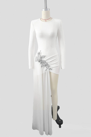 Embellished Long Sleeve Bandage Dress with Asymmetric Sheer Drape