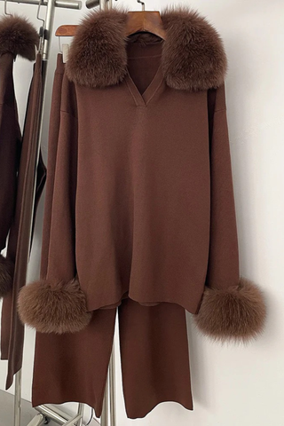 Faux Fur Trim Knit Two-Piece Set – Long Sleeve Top & Wide-Leg Pants