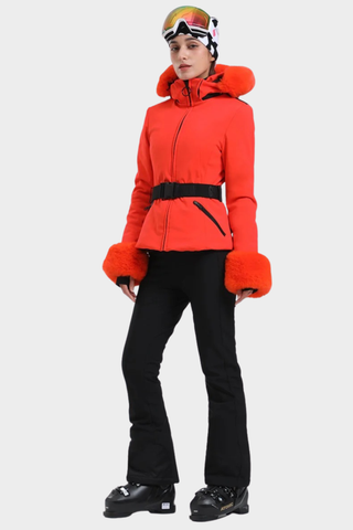 Tailored Ski Jacket with Belted Waist, Fur Details, and Long-Sleeve Design