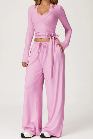 3-Piece Sport Wrap Lounge Set with Long Sleeve Crop Top, Halter Tank, and Wide-Leg Pants