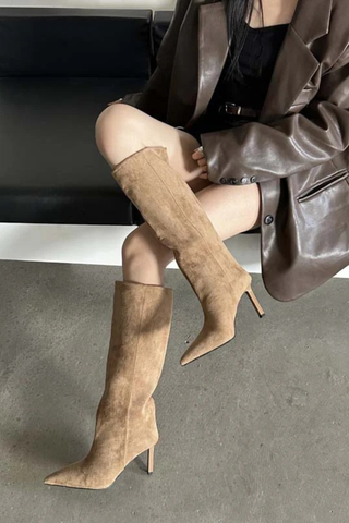 Pointed-Toe Suede Knee-High Stiletto Boots | Slim Fit, High Heel Winter Fashion Boots