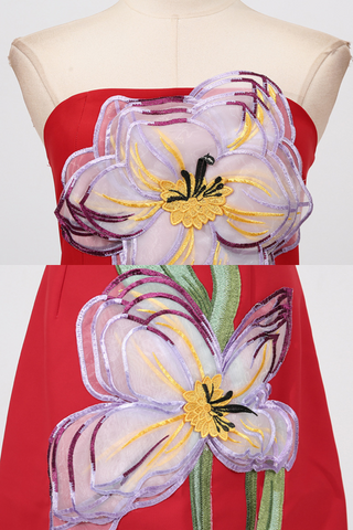 Strapless Floral Embroidered  Multicolor 3D Appliqué Slim Fit Long Dress