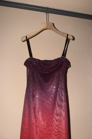 Crystal Embellished Cowl Neck Spaghetti Strap Mini Dress