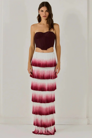 Wine Red Corset Spandex Top &  Tassel Long Skirt Set
