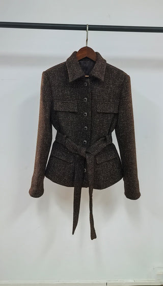 Textured Tweed Long Sleeve Belted Peplum Blazer