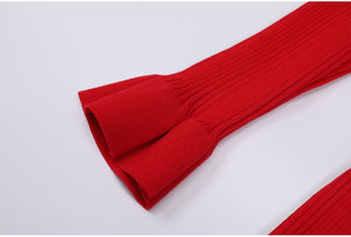 Ribbed Knit Long Dress with Pearl Trim Details & Long Sleeves