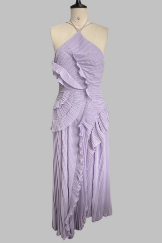 Halter Neck Pleated Ruffle Long Dress