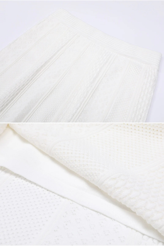 Two-Piece Textured Knit Set – Pearl-Button Cardigan & Flared Maxi Skirt