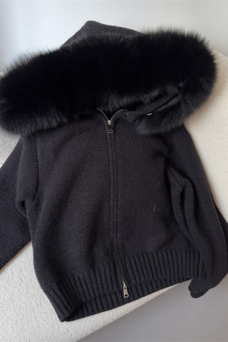 Faux Fur Trimmed Knitted Hooded Cardigan