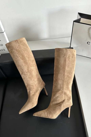Pointed-Toe Suede Knee-High Stiletto Boots | Slim Fit, High Heel Winter Fashion Boots