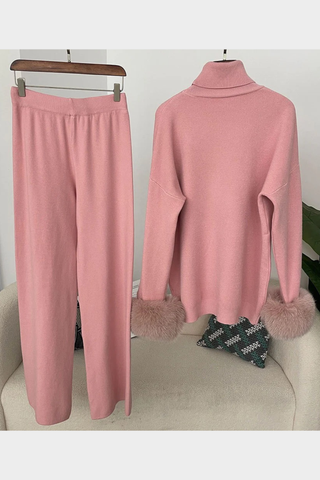 Faux Fur Trim Turtleneck Knit Set – Long Sleeve Top & Wide-Leg Pants