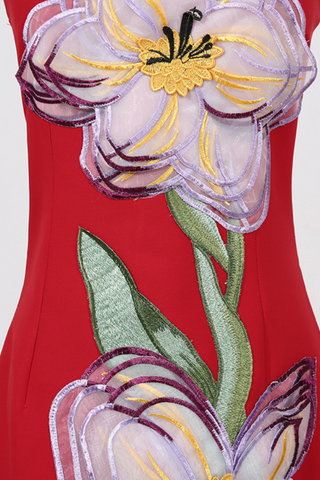 Strapless Floral Embroidered  Multicolor 3D Appliqué Slim Fit Long Dress