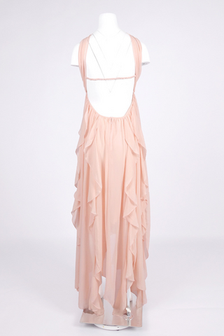 Strapless Ruffle Chiffon Long Dress with Rhinestone Starfish Brooch Backless, Layered Flowing Skirt