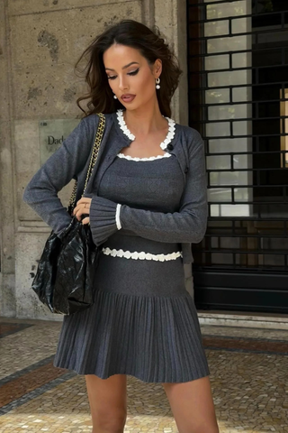 Charcoal Gray Three-Piece Knitted Set with White Floral Trim – Cardigan, Top & Pleated Mini Skirt