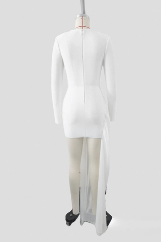 Embellished Long Sleeve Bandage Dress with Asymmetric Sheer Drape