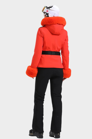 Tailored Ski Jacket with Belted Waist, Fur Details, and Long-Sleeve Design