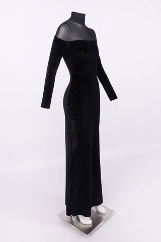 Velvet Mesh High Neck Long Dress – Long Sleeve Evening Gown