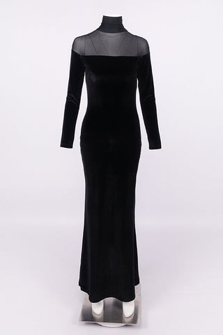 Velvet Mesh High Neck Long Dress – Long Sleeve Evening Gown