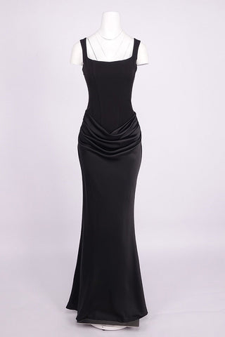 Structured Corset Draped Bodycon Long Dress with Wide Straps