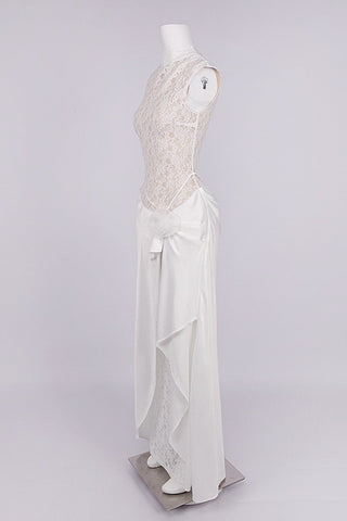Sleeveless High Neck Lace & Draped Satin Rosette Long Dress