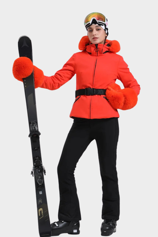 Tailored Ski Jacket with Belted Waist, Fur Details, and Long-Sleeve Design