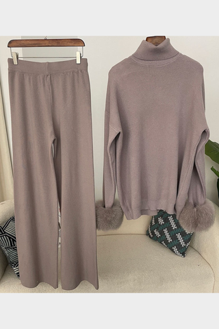 Faux Fur Trim Turtleneck Knit Set – Long Sleeve Top & Wide-Leg Pants