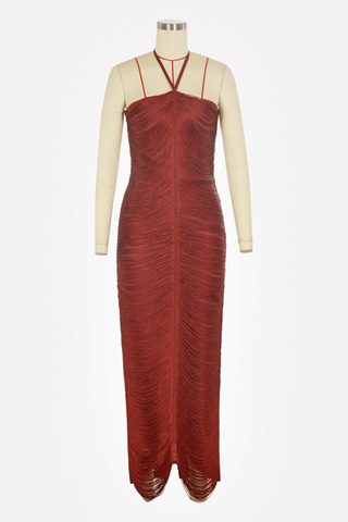Luxury Halter Neck Backless Tassel Fringe Long Dress with High Slit