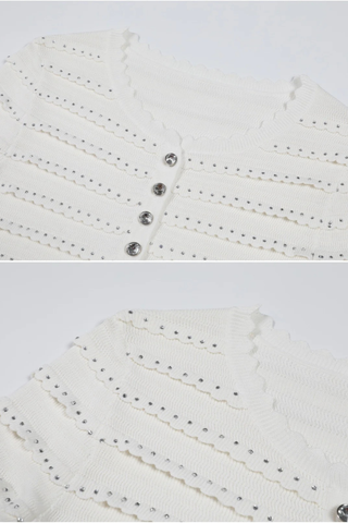 Three-Piece Knitted Set with Rhinestone Trim – Cardigan, Cami Top & Midi Long Skirt