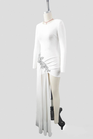 Embellished Long Sleeve Bandage Dress with Asymmetric Sheer Drape