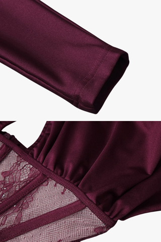 High-Neck Long Sleeve Corset Dress with Lace Panel & Ruched Skirt