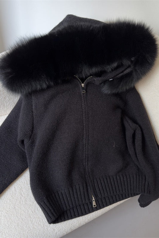 Faux Fur Trimmed Knitted Hooded Cardigan