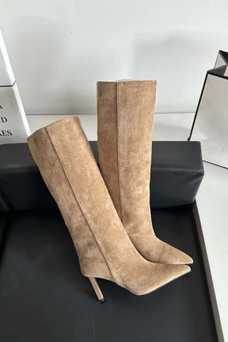 Pointed-Toe Suede Knee-High Stiletto Boots | Slim Fit, High Heel Winter Fashion Boots