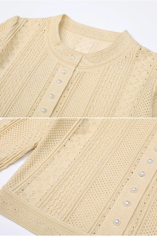 Two-Piece Textured Knit Set – Pearl-Button Cardigan & Flared Maxi Skirt