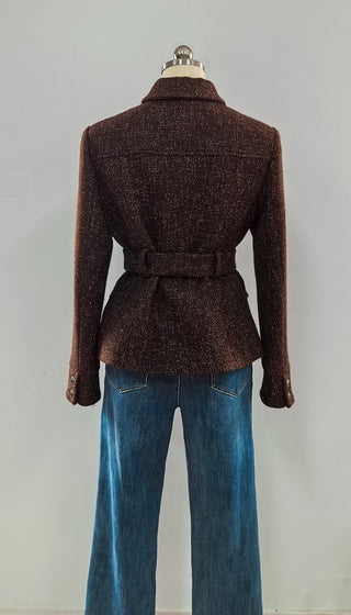 Textured Tweed Long Sleeve Belted Peplum Blazer
