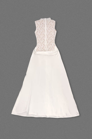 Sleeveless High Neck Lace & Draped Satin Rosette Long Dress