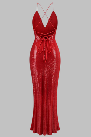 Red Sequin Plunge V-Neck Backless Long Dress
