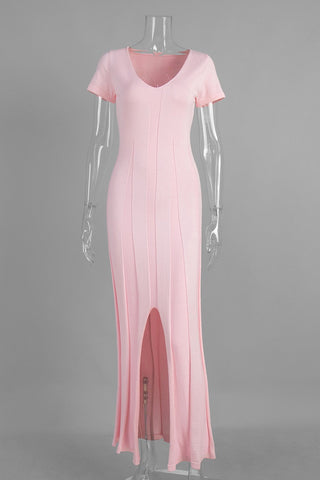 Ribbed Knit Sculpted Panel Short Sleeve Long  Dress
