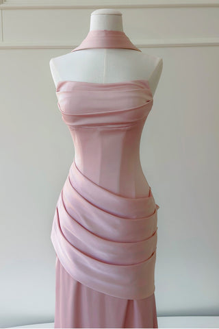 Satin Draped Corset Long Dress with Scarf – Elegant Strapless Design