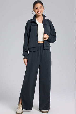Relaxed Fit Zip-Up Jacket and Wide Leg Pants Set