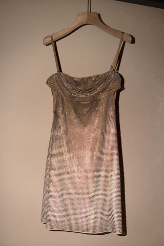 Crystal Embellished Cowl Neck Spaghetti Strap Mini Dress