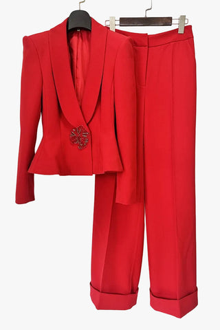 Long-Sleeve Crepe Peplum Blazer and Wide-Leg Pants Set with Beaded Brooch Detail