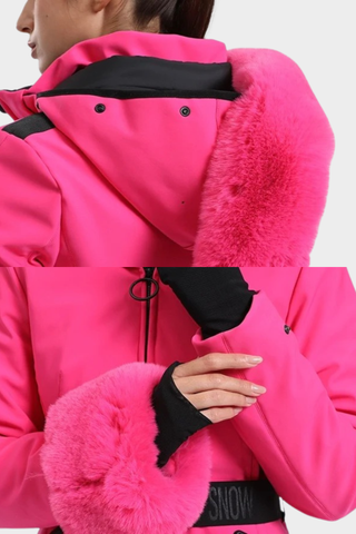 Tailored Ski Jacket with Belted Waist, Fur Details, and Long-Sleeve Design