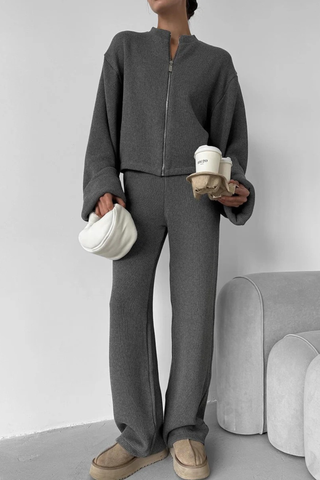 Ribbed Long Sleeve Zip Jacket & Relaxed Pants Co-Ord Set