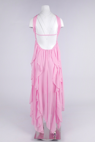 Strapless Ruffle Chiffon Long Dress with Rhinestone Starfish Brooch Backless, Layered Flowing Skirt